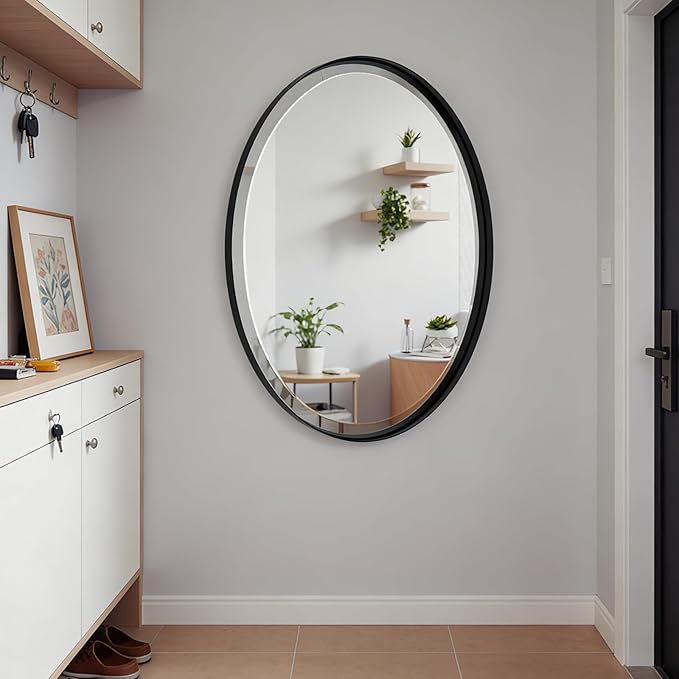 POZINO Oval Beveled Mirror, 24"x36" Bathroom Vanity Mirror for Over Sink, Matte Black Modern Rounded Wall Mirror for Living Room Entryway Bedroom Hallway Fireplace, Hangs Horizontal Or Vertical