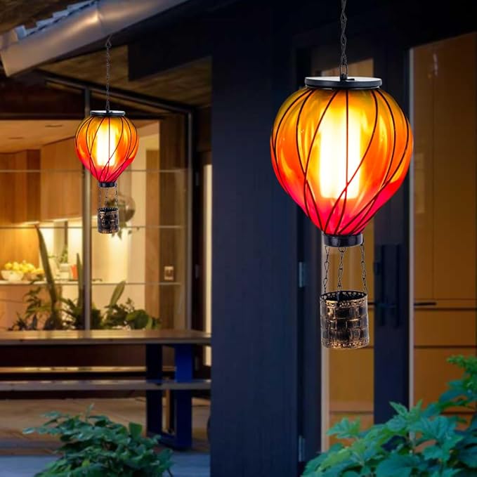 Colorful Solar Hot Air Balloon Lantern with Flame Flickering, Outdoor Waterproof Hanging Light for Patio, Porch, Yard, Garden Decor