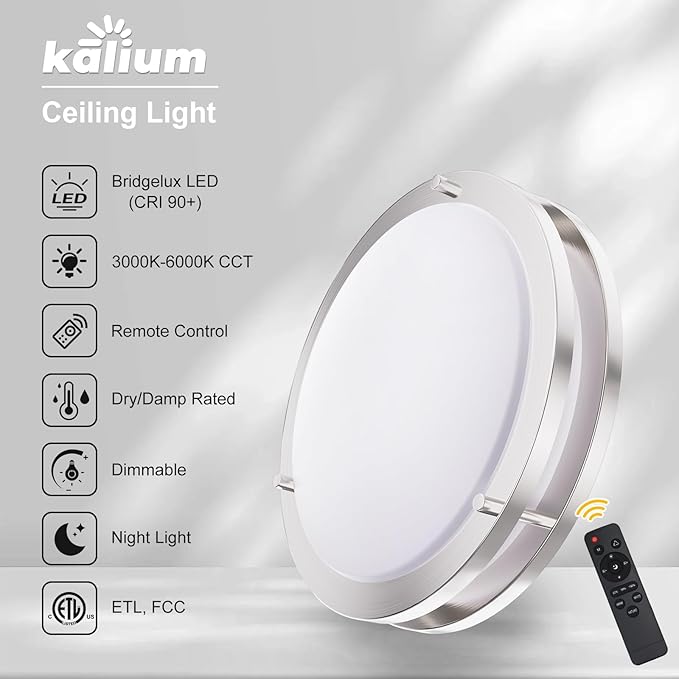 Kalium LED Ceiling Light with Remote 2 Pack 14 Inch Flush Mount Ceiling Light Fixture, 24W 3000K-6000K Adjustable Color Temperature, Dimmable Lighting Fixtures for Kitchen Bedroom. Hardwired