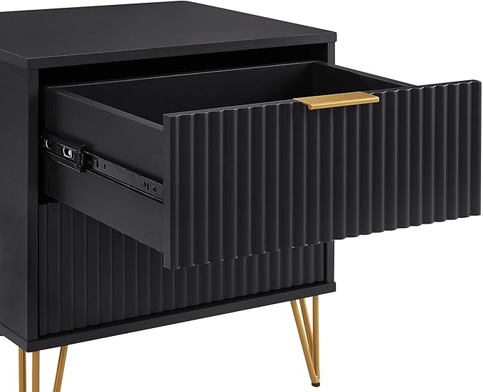 Manhattan Comfort Dumbo Fluted Nightstand with 2 Drawers, Gold Metal Legs and Metal Handles, Snap Tool-Free Assembly, Modern Bedside Accent Table with Storage for Bedroom, Living Room, Office in Black