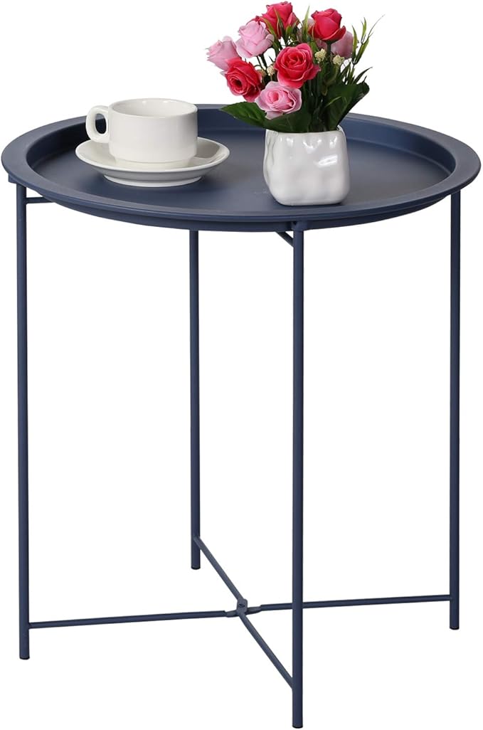 VECELO Modern End Side Tables,Round Metal Foldable Tray,Stable Snack Nightstand for Outdoors,Small Space,Living Room and Balcony, Blue, 18.5 in x 18.5 in x 19.7 in