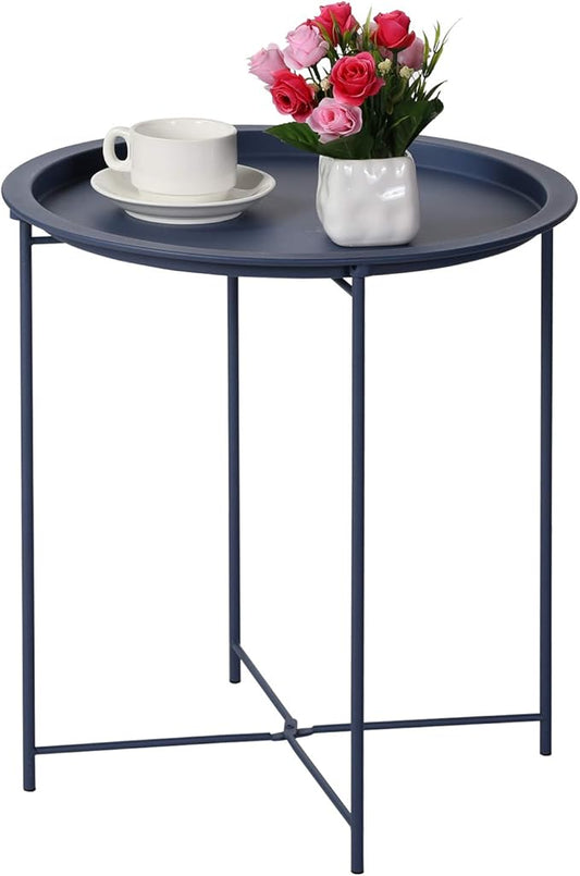 VECELO Modern End Side Tables,Round Metal Foldable Tray,Stable Snack Nightstand for Outdoors,Small Space,Living Room and Balcony, Blue, 18.5 in x 18.5 in x 19.7 in
