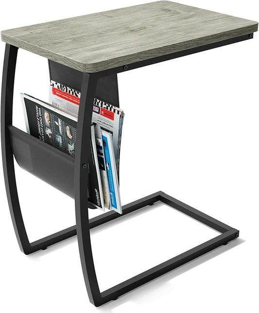 SRIWATANA Side End Tables Living Room, Vintage C-Shaped Laptop Table for Couch, Snack Table with Side Pocket, Light Grey