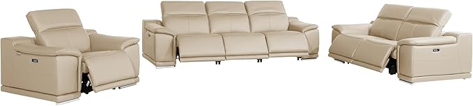 BlackJack Furniture Venice Top Grain Italian Leather 6 Power Recliner Seaters 3 Piece Sofa Set with Adjustable Headrests Modern Luxury Seating Sofa, Loveseat and Chair for Living Room Lounge, Beige