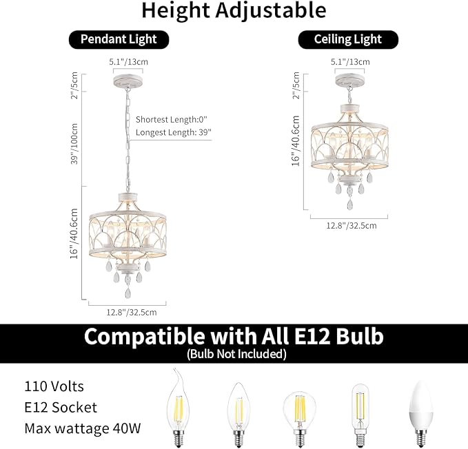 Small Crystal Chandelier, Modern Crystal Chandelier for Dining Room, Rustic Farmhouse White Round Ceiling Pendant Light Fixture for Living Room, Entryway, Hallway, Bedroom, Bathroom
