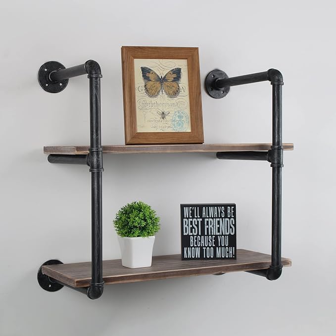 MBQQ Industrial Pipe Shelving Wall Mounted,24in Rustic Metal Floating Shelves,Steampunk Real Wood Book Shelves,Wall Shelf Unit Bookshelf Hanging Wall Shelves,Farmhouse Kitchen Bar Shelving(2 Tier)