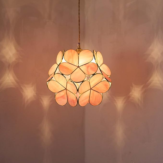 Bieye L10965 Petals Tiffany Style Stained Glass Ceiling Pendant Light with 12-inch Wide Lampshade (Pink, 12" Cherry Blossom)