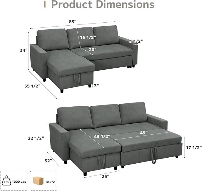 Yafylly L-Shaped Sleeper Sofa with Chaise Lounge & Storage, Pull-Out Couch Bed with Recliner, Full Size Futon for Living Room, Office, Apartment Dark Grey