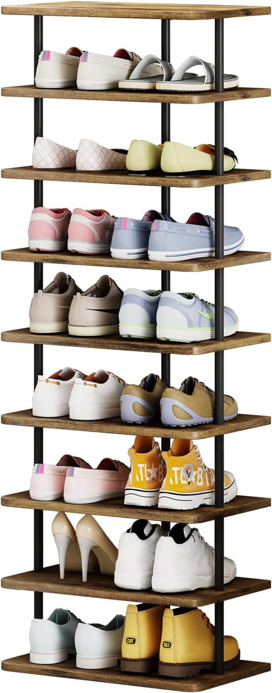 AZERPIAN Shoe Rack 9 Tier Vertical Storage Organizer Double Row Narrow Metal Slim Shelf Modern Free Standing Shoe Tower Saving Space for Closet Entryway Bedroom,Black+Rustic Brown
