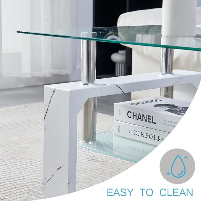 Living Room Rectangle Coffee Table, Tea Table Suitable for Waiting Room, Modern Side Coffee Table with Wooden Leg, Glass Tabletop with Lower Shelf, Marble