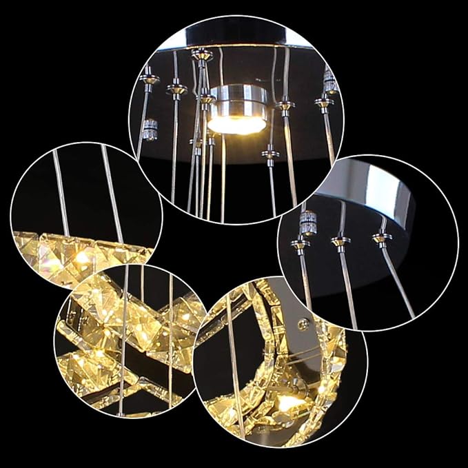 TongLan Modern 4-Ring Crystal LED Chandelier, Adjustable Height 11.8-47.2 in, K9 Crystal & Stainless Steel, 2700-3500K Warm White, Non-Dimmable, for Foyer Staircase Living Room Dining Room