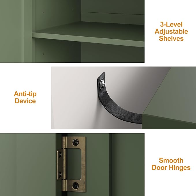 63" Carved Buffet Cabinet with Mirrored Door, Modern Console Table with Storage and Adjustable Shelves, Wood Media Sideboard for Entryway, Living Room, Bedroom, Dining Room, Bathroom (Green)