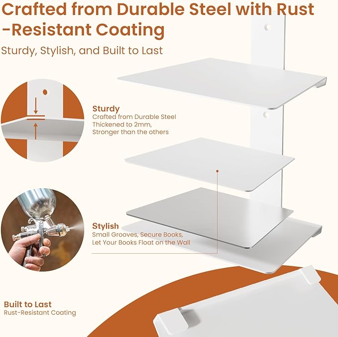 Invisible Bookshelf for Wall, 8 Tier Floating Bookshelf Made of Heavy Duty Metal, Vertical Spine Book Tower Hanging Wall Bookshelf, Floating Book Shelves for Wall, 4 Pack White