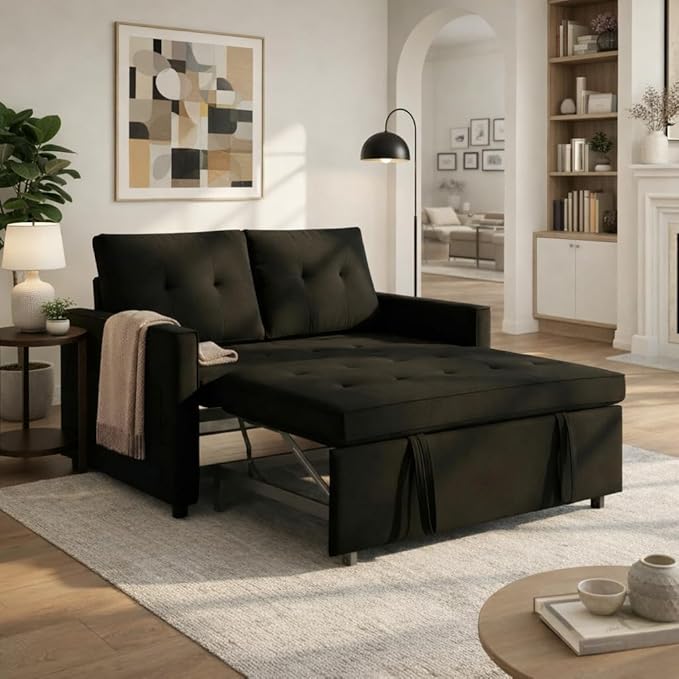 Sofa Bed, Pull Out Couch with Side Pockets, 3 in 1 Velvet Fabric Loveseat Sleeper Sofa Bed, Pull Out Couch with Adjustable Backrest for Living Room, Bedroom, Apartment, Black, 53 Inch