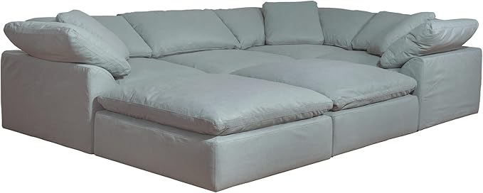 Sunset Trading Contemporary Puff Collection 6PC 132" Slipcovered Modular U-Shaped Pit Sectional Sofa| Down Filled Chaise Lounge Couch Stain-Proof Water-Resistant Washable Performance Fabric Ocean Blue