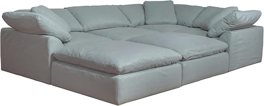 Sunset Trading Contemporary Puff Collection 6PC 132" Slipcovered Modular U-Shaped Pit Sectional Sofa| Down Filled Chaise Lounge Couch Stain-Proof Water-Resistant Washable Performance Fabric Ocean Blue