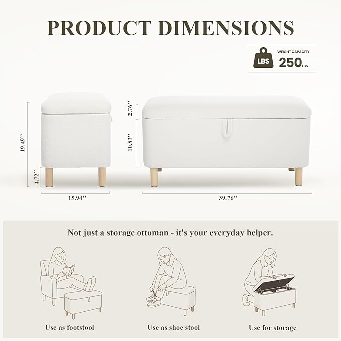 Ottoman with Storage, Storage Ottoman Bench, Entryway Bench with Wood Legs for Living Room, Sitting Area,Cream