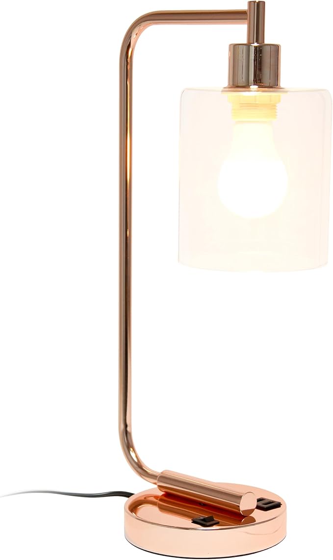Simple Designs LD1066-RGD-LB Industrial Vintage Bronson Iron Lantern Desk Table Lamp with USB Port and Glass Cylinder Shade for Office, Living Room, Bedroom, Rose Gold, with Feit LED Bulb Included