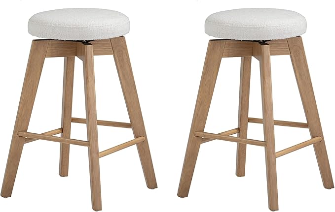 Nathan James Amalia Bohemian Swivel Bar Stool, Backless Counter Height Boucle Counter Stool with Solid Wood Legs and Upholstered Seat, White Oak Set of 2