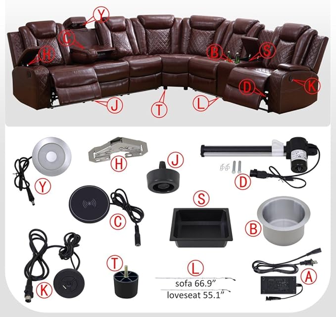 Power Recliner Sectional Sofa with LED Light, Breathing Leather Recliner Sofa Couch with Storage/Cup Holder for Living Room Home Office Theater (Red)