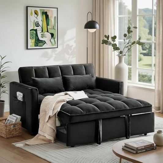 3 in 1 Convertible Sofa Bed, Love Seat Sleeper Bed with Side Pockets, Velvet Fabric Pull Out Couch with Adjustable Backrest for Living Room, Bedroom, Apartment, Black
