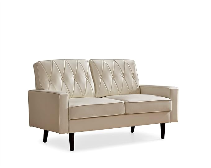 Container Furniture Direct Modern Style Faux Leather Loveseat with Elegant Round Tapered Legs and Button Tufted Backrest Perfect for Living Room, Bedroom or Home Office, 57.5’’ Wide, White