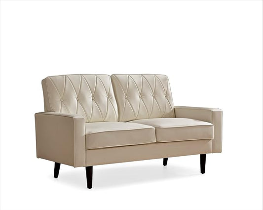 Container Furniture Direct Modern Style Faux Leather Loveseat with Elegant Round Tapered Legs and Button Tufted Backrest Perfect for Living Room, Bedroom or Home Office, 57.5’’ Wide, White