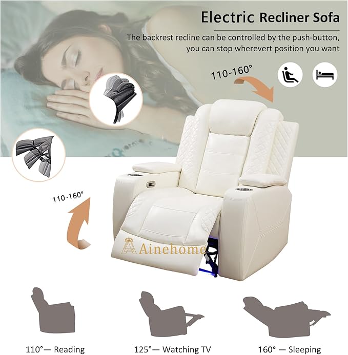 A Ainehome Power Leather Recliner Sofa Set with LED Lights, Recliner Sofa Sectional Couches for Living Room, Reclining Sofa and loveseat with USB Port/Storage Console(Creamy White,Chair)