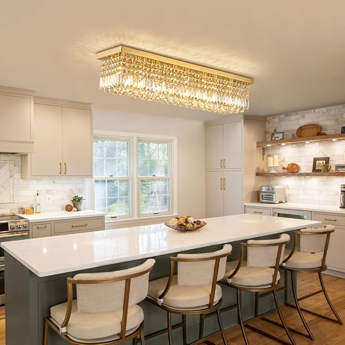 Siljoy Modern Gold Crystal Chandelier for Dining Room, 8-Light Rectangular Flush Mount Crystal Raindrop Chandelier, Luxury Dimmable Crystal Ceiling Light for Living Room Kitchen Island Bar L40''