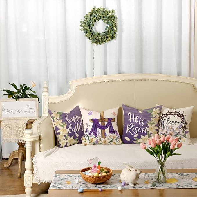 GEEORY Happy Easter He is Risen Throw Pillow Covers 16x16 Inch Set of 4, Cross Flower Wreath Blessed Spring Decorative Farmhouse Holiday Cushion Case for Home Decoration (Purple) G680-16