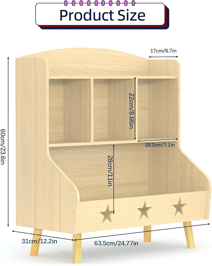 Cube Bookshelf Storage Organizer Bookcase, Wide Open Storage Bookcase for Toddlers, Freestanding Display Bookshelve, Modern Toy Shelf for Bedroom, Living Room, Nursery and Classroom(Oak)
