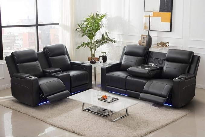 Netpane Breathable Leather Power Recliner Sofa Set with LED, Power Reclining Sofa and Loveseat Set with Adjustable Headrest/Wireless Charger/USB Ports/Storage for Living Room/HomeTheater (Grey&Black)