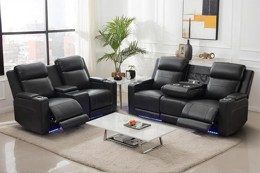 Netpane Breathable Leather Power Recliner Sofa Set with LED, Power Reclining Sofa and Loveseat Set with Adjustable Headrest/Wireless Charger/USB Ports/Storage for Living Room/HomeTheater (Grey&Black)