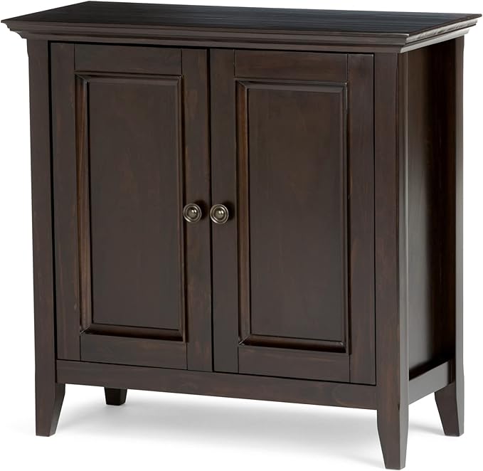 SIMPLIHOME Amherst 32-inch Wide Solid Wood Transitional-Style Low Storage Cabinet in Hickory Brown for Living Room, Entryway, or Dining Area with Adjustable Shelves