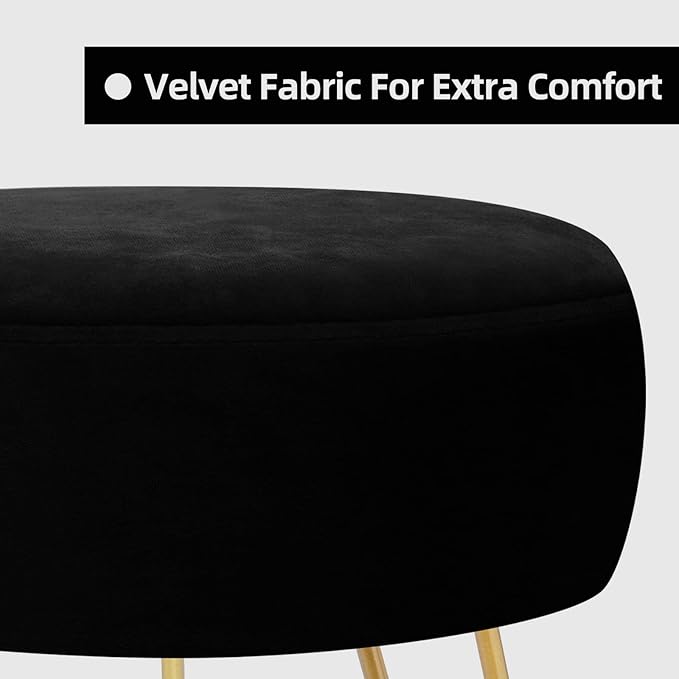 Velvet Soft Modern Vanity Footstool -Round Footrest Stool Ottoman Side Table Seat Dressing with Golden Metal Leg and Sponge Filling,Upholstered Foot Rest, for Living Room and Bedroom Black