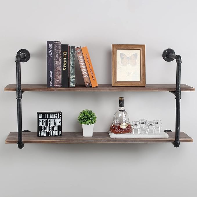 MBQQ Industrial Pipe Shelving Wall Mounted,48in Rustic Metal Floating Shelves,Steampunk Real Wood Book Shelves,Wall Shelf Unit Bookshelf Hanging Wall Shelves,Farmhouse Kitchen Bar Shelving(2 Tier)