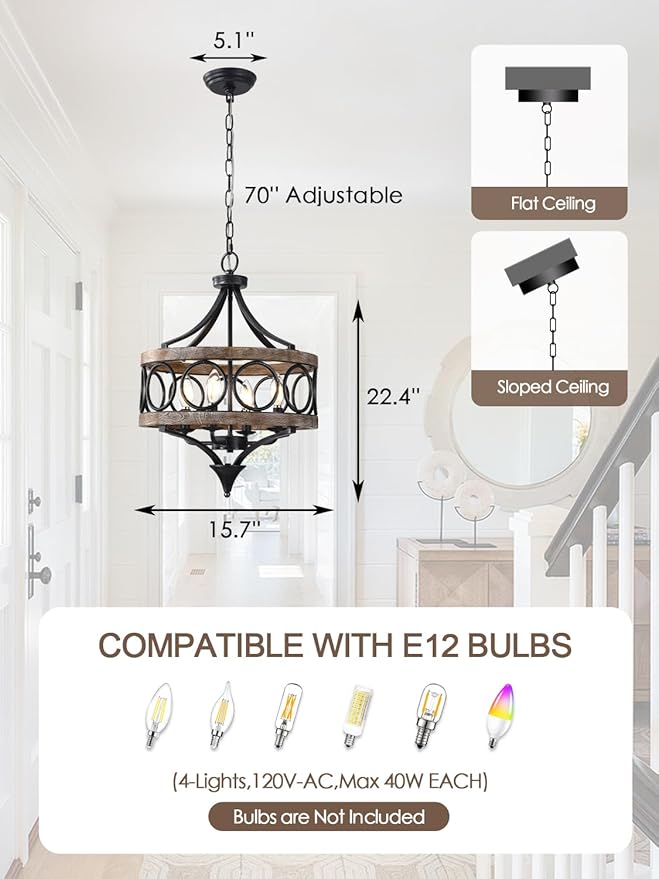 Farmhouse Chandelier for Dining Room, 15.7 Inch Hanging Round Light Fixture Over Table, 4-Light Wood Chandelier for Kitchen Island Dining Room Entryway