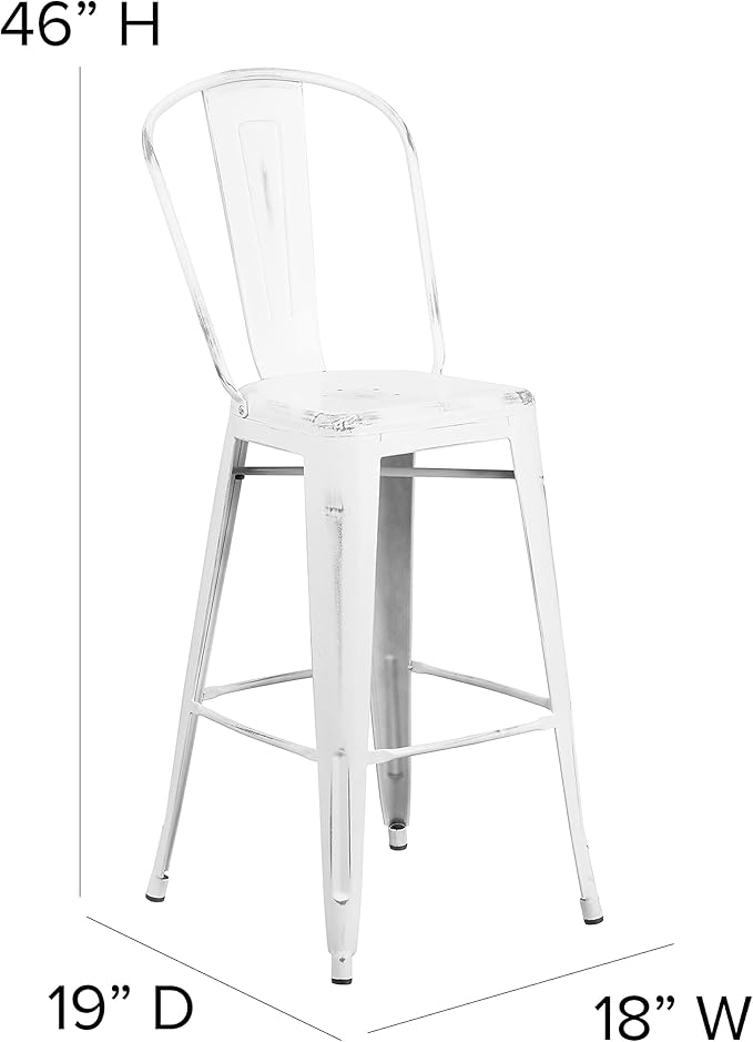 Flash Furniture Blake Commercial Grade 4 Pack 30" High Distressed White Metal Indoor-Outdoor Barstool with Back