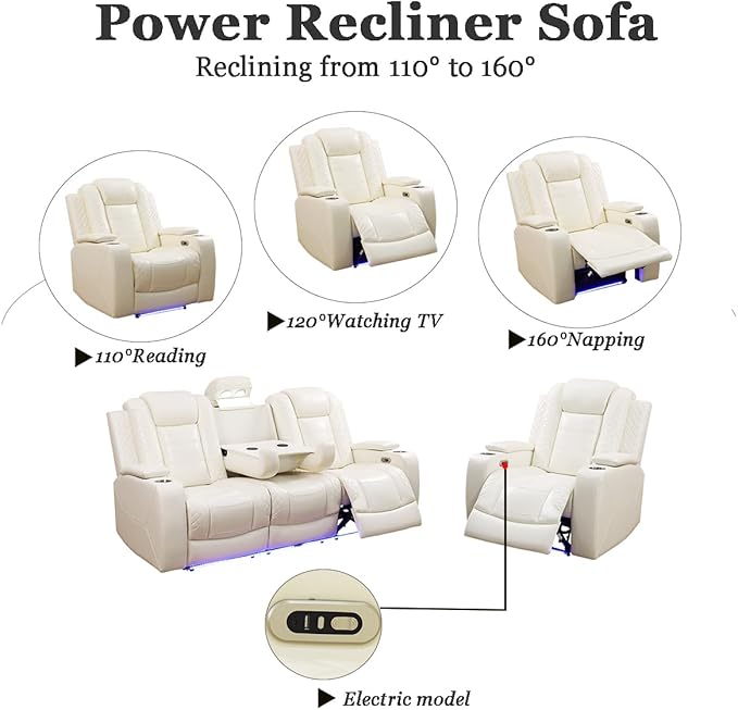A Ainehome Power Leather Recliner Sofa Set with LED Lights, Reclining Sectional Sofa and Loveseat with USB Port/Storage Console (Creamy White, Sofa+Chair)