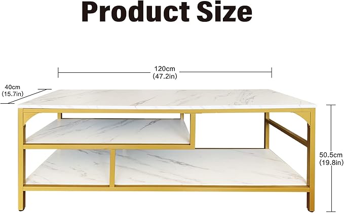 AT-VALY 3-Tier Stand for TV Media Console Table with Open Shelving Storage for Living Room Bedroom (Gold Frame with White Faux Marble top PB Board)