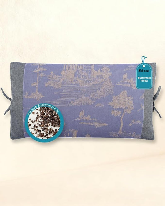 Adjustable Buckwheat Pillows for Sleeping,23.6"x13.7" Breathable Cool Neck Pillow for Bed with Buckwheat Hulls, Cervical Support Thin Pillow for Neck Pain with Dual-Layer Pillowcase,Blue