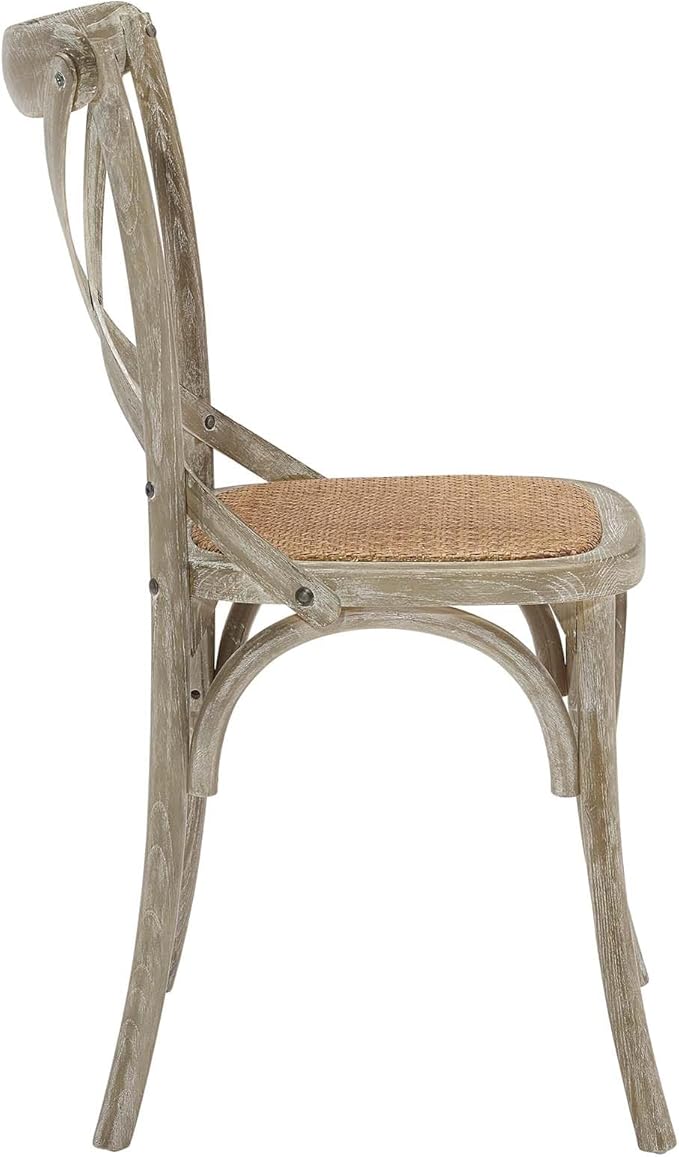 Modway Gear Rustic Modern Farmhouse Elm Wood Rattan Four Dining Chairs in Gray