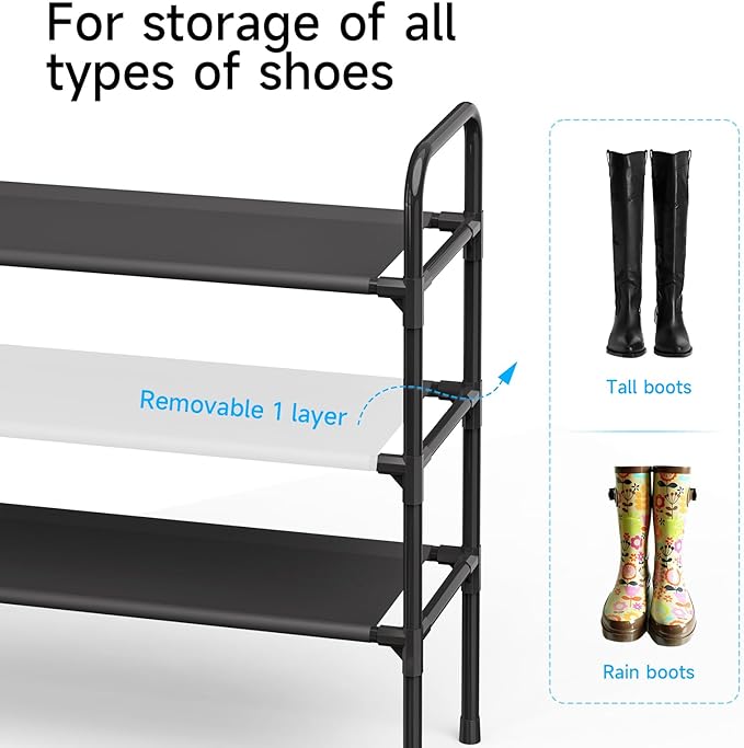 Long Shoe Rack for Closet - 3 Tier Shoe Organizer Storage for Entryway, Front Door Entrance, Metal Frame, Non-Woven Fabric Shelves, 10.8“ D x 40.2” W x 25.8” H