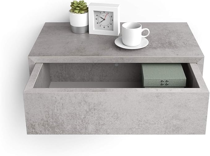 Mobili Fiver, Riccardo Floating nightstand, Concrete Effect, Grey, 17.7" x 9.8" x 6.1 ", Melamine-Finished, Modern Bedside Table, End Table, Italian Furniture