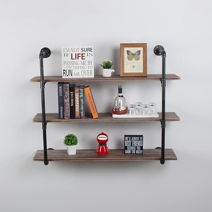 MBQQ Industrial Pipe Shelving Wall Mounted,44in Rustic Metal Floating Shelves,Steampunk Real Wood Book Shelves,Wall Shelf Unit Bookshelf Hanging Wall Shelves,Farmhouse Kitchen Bar Shelving(3 Tier)