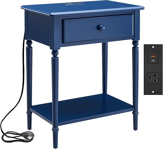 Leick Home Coastal Nightstand, Solid Wood, with USB-C Charging, 1 Drawer and 1 Shelf, Navy, 20022-NV