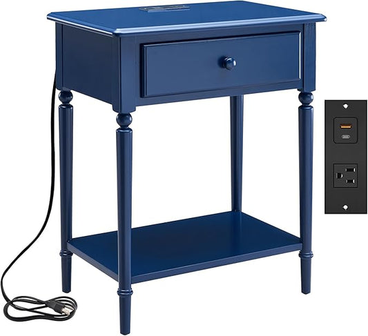 Leick Home Coastal Nightstand, Solid Wood, with USB-C Charging, 1 Drawer and 1 Shelf, Navy, 20022-NV