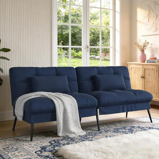 COMHOMA 72″Futon Sofa Bed,Modern Convertible Sleeper Sofa, Fabric Futon Couch with Multi-Position Backrest for Living Room Furniture(Blue)