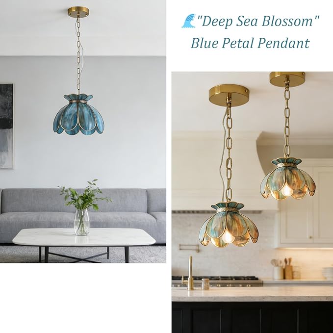 Brass Glass Ceiling Pendant Light, Hanging Chain lamp, with Vintage Lotus Flower Blue Green Glass Shade for Kitchen Island Dining Room Bedroom Living Room-7.9" Shade