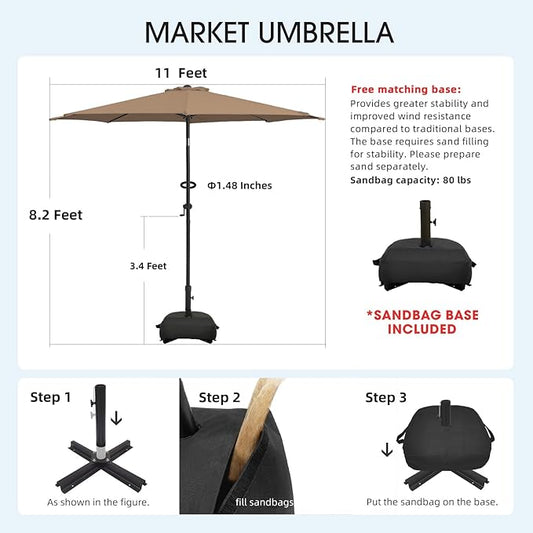 wikiwiki 11FT Patio Umbrella with Base, Outdoor Umbrellas with Base Included, 8 Sturdy Ribs, Waterproof Fade Resistant POLYESTER DTY Canopy for Deck, Lawn, Garden, Backyard & Pool, Tan
